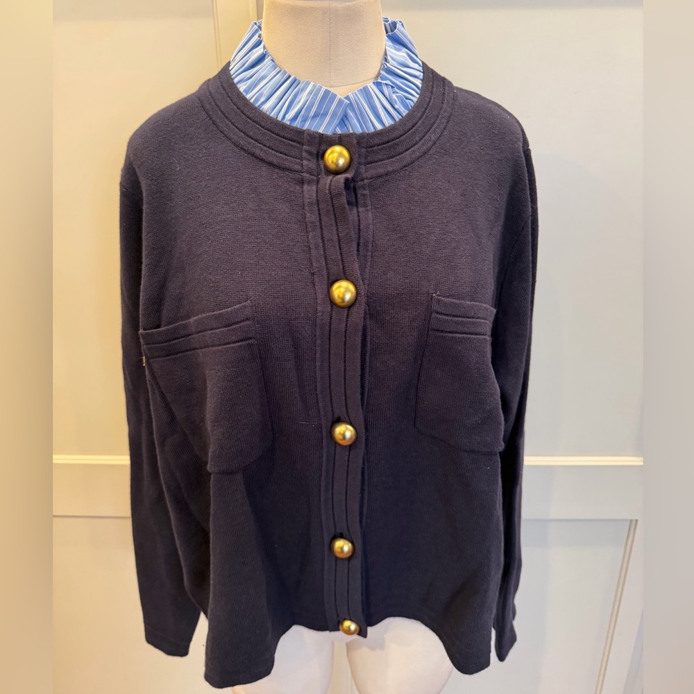 Free Assembly Navy Blue Cardigan Sweater with Gold Buttons